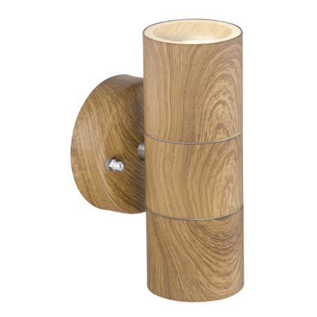 Vonkajšie svietidlo, nerezová oceľ, imitácia dreva, číre sklo, nástenné svietidlo svietiace hore a d 12