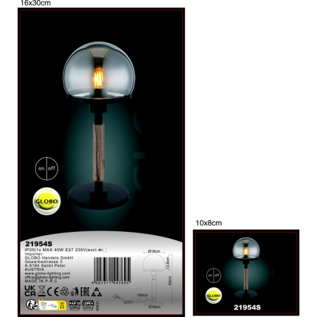 Stolové svietidlo, kov čierny, MDF s efektom dreva, kov mosadzný matný, sklo dymové, textilný kábel 7