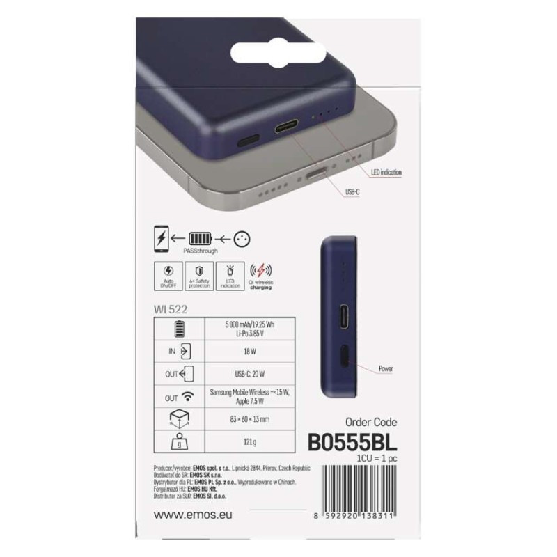 Power bank EMOS WI 522, 5 000 mAh, 20 W+Wireless, modrá 13