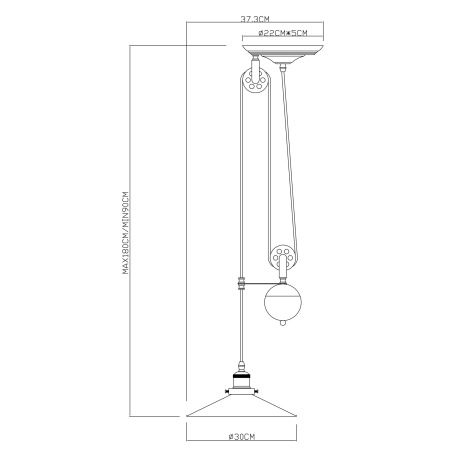 Závesné svietidlo, kov čierny, stará mosadz, výškovo nastaviteľné, 90-180 cm, Ø300 V:1800, bez žiaro 9