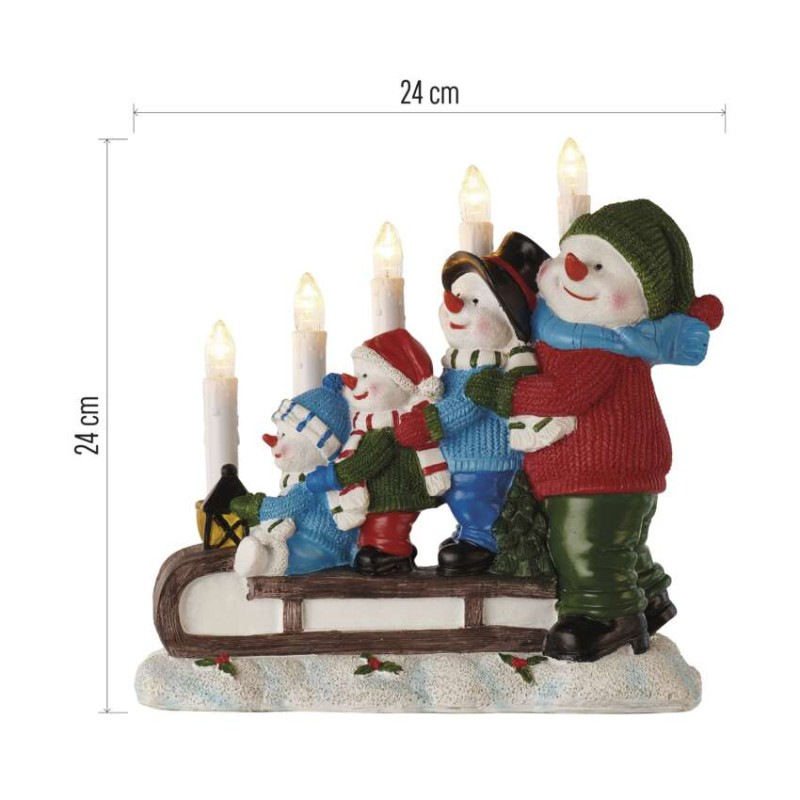 LED svietnik – snehuliaci na saniach, 24 cm, 2x AA, vnútorný, teplá biela, časovač 2