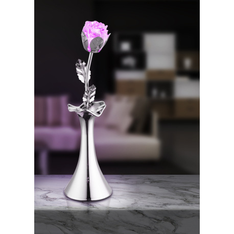 Stolová lampa, chróm, akryl, váza s ružičkou, vypínač, zmena farby svetla, bez batérií 3xAAA 1.5V, Ø 14
