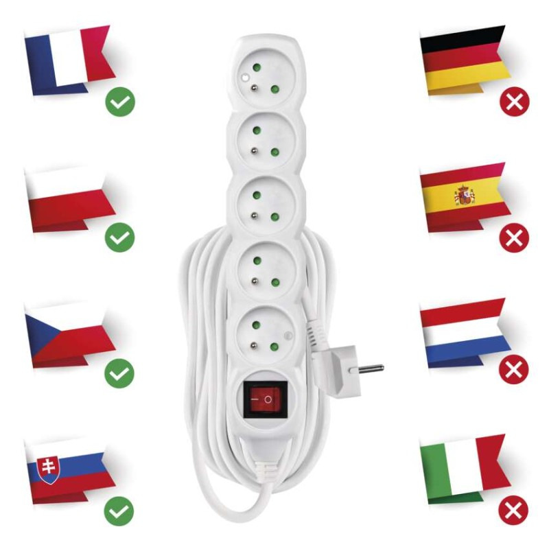 Predlžovací kábel 10 m / 5 zásuviek / s vypínačom / biely / PVC / 1,5 mm2 1