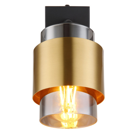 Nástenné svietidlo kov čierny matný, sklo dymovej farby, mosadzný krúžok, vypínač, ŠxV: 100x170mm, H 8