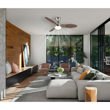 Stropný ventilátor, kov nikel, plast imitácia dreva, niekoľko rýchlostí pomocou nástenného spínača, 10