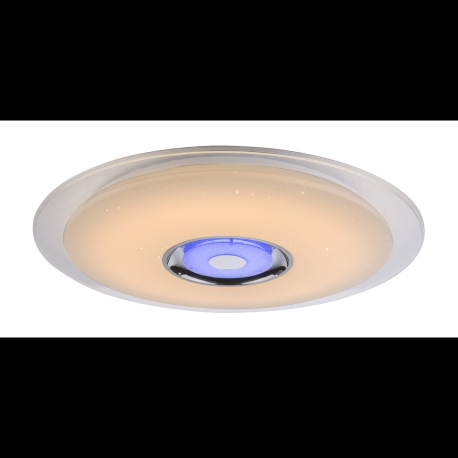 Stropné svietidlo, kov biely, chróm, akryl biely, K5 krištáľ, trblietavý efekt, reproduktor, ovládan 18