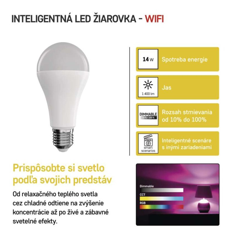LED žiarovka GoSmart A65 / E27 / 14 W (94 W) / 1 400 lm / RGB / stmievateľná / WiFi 2