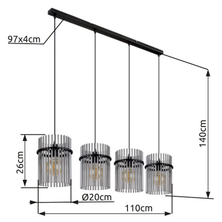 Závesné svietidlo kov čierny matný, sklenené tyče dymovej farby, kábel PVC čierny, možnosť nastaveni 20