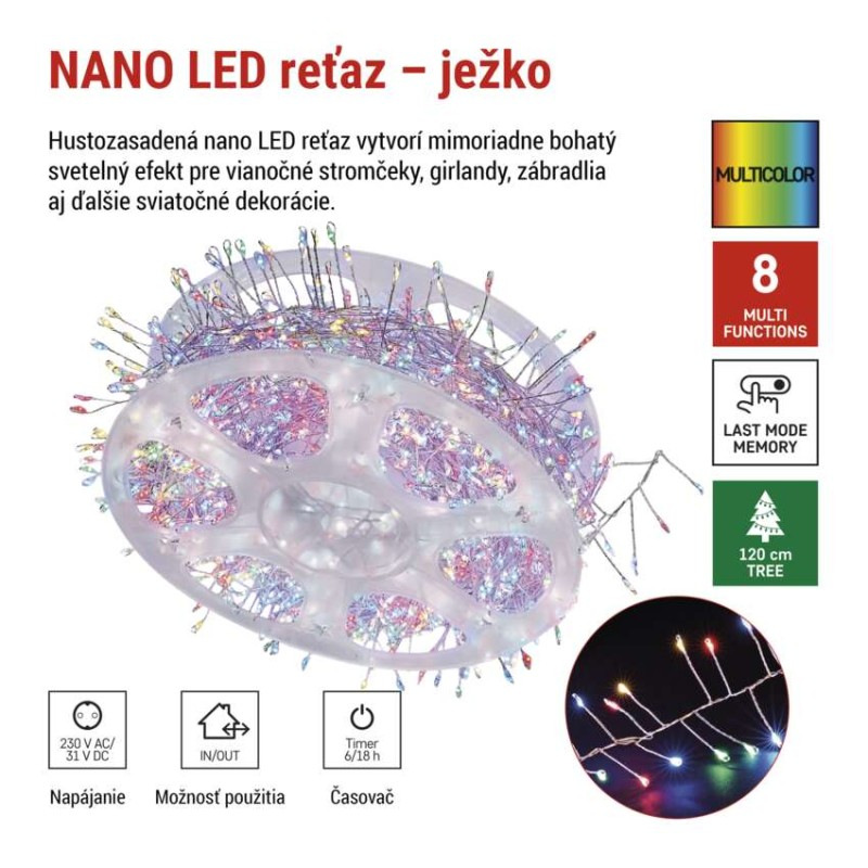 LED nano reťaz na cievke, strieborný, 9,6 m, multicolor, časovač 1