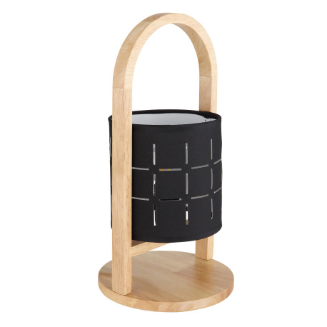 Stolná lampa prírodné drevo, textil čierny, kábel PVC čierny, kolískový vypínač na kábli, ø: 160mm, 9