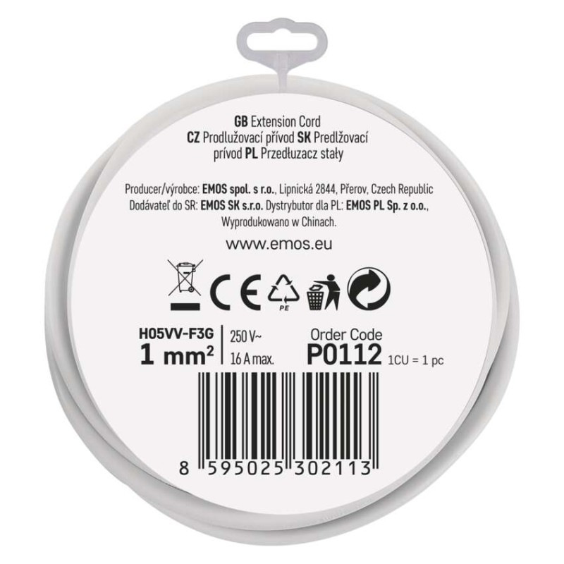 Predlžovací kábel 2 m / 1 zásuvka / biely / PVC / 1 mm2 5