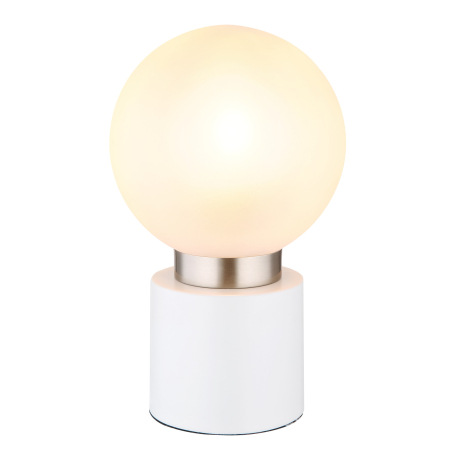 Stolová lampa, kov biely matný, nikel, sklo biele, satinované, kolískový vypínač na kábli, ø:150mm,