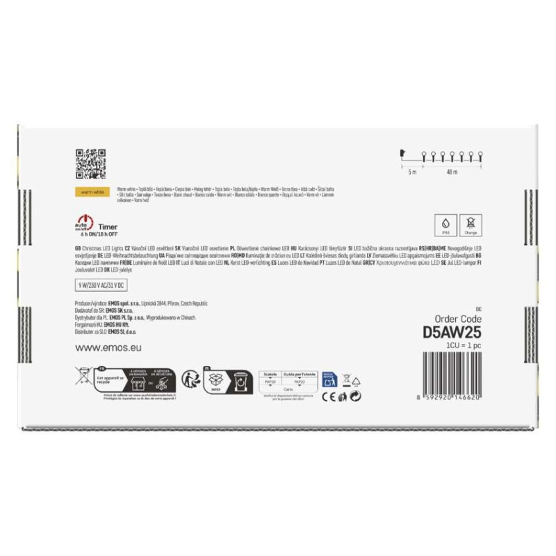 LED vianočná cherry reťaz – guličky, 48 m, vonk. aj vnútor.,teplá biela, programy, časovač 10