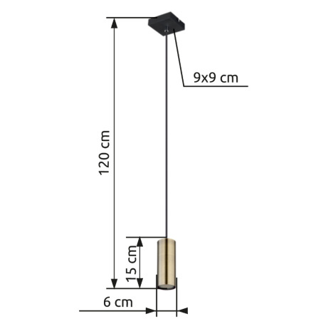 Závesné svietidlo, kov čierny, mosadz, čierny PVC kábel, DxŠxV:90x90x1200mm, bez žiarovky 1x GU10, m 5
