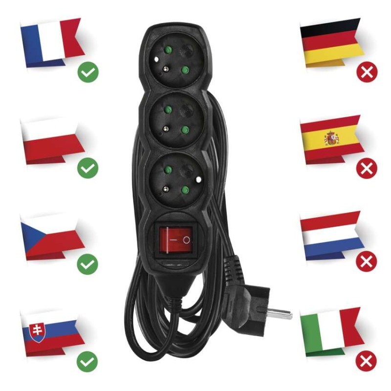 Predlžovací kábel 5 m / 3 zásuvky / s vypínačom / čierny / PVC / 1,5 mm2 1
