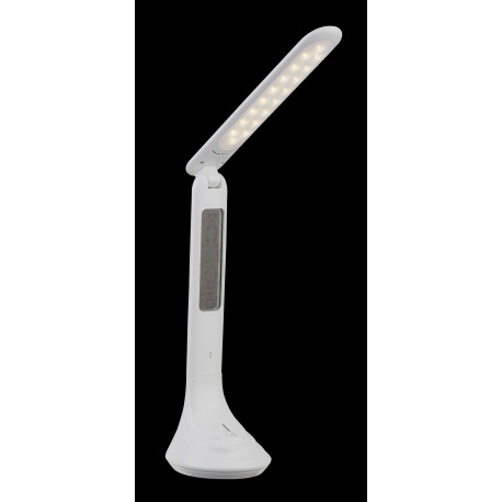 Nabíjateľná stolová lampa, plast, biela, hodiny, kalendár, budík, s adaptérom, zapnutie dotykom, dot 9