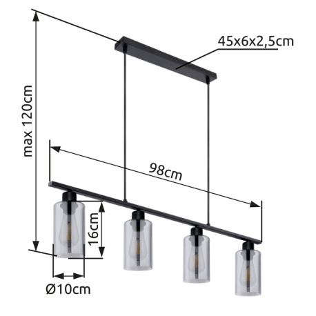 Závesné svietidlo, kov čierny matný, dymové sklo, DxŠxV:980x100x1200, bez žiaroviek 4xE27, max. 60W 8