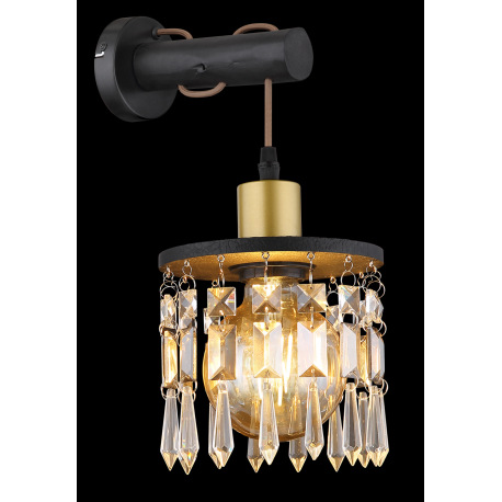 Nástenné svietidlo, mosadz, drevo čierne, sklenené krištále, textilný kábel hnedý, svieti smerom dol 2