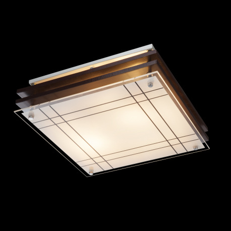 Stropné svietidlo, drevo tmavohnedé, satinované sklo, DxŠxV: 310x310x80, bez žiaroviek 2xE27, max. 6 1