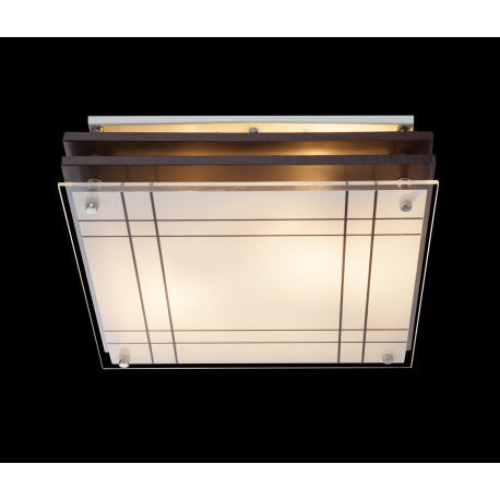 Stropné svietidlo, drevo tmavohnedé, satinované sklo, DxŠxV: 310x310x80, bez žiaroviek 2xE27, max. 6 13