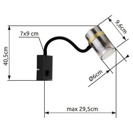 Nástenné svietidlo, kov čierny matný, dymové sklo s prechodom do priehľadného skla, kov mosadz, kábe 8