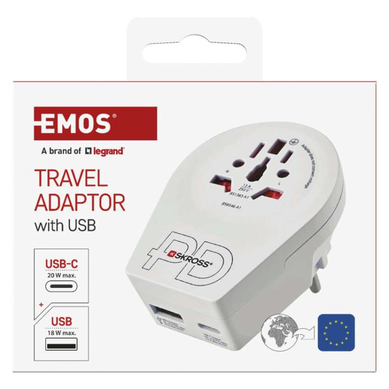 Cestovný univerzálny adaptér pre cudzincov do strednej Európy, 1×USB-C, 1×USB-A 5