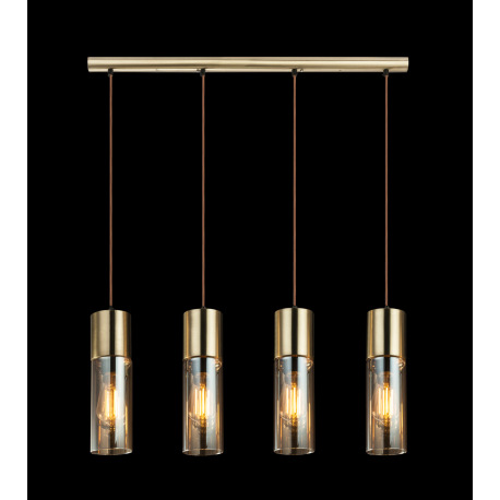 Závesné svietidlo, kov zlatý matný, sklo jantár, hnedý textilný kábel, DxŠxV:800x90x1560, bez žiarov 14