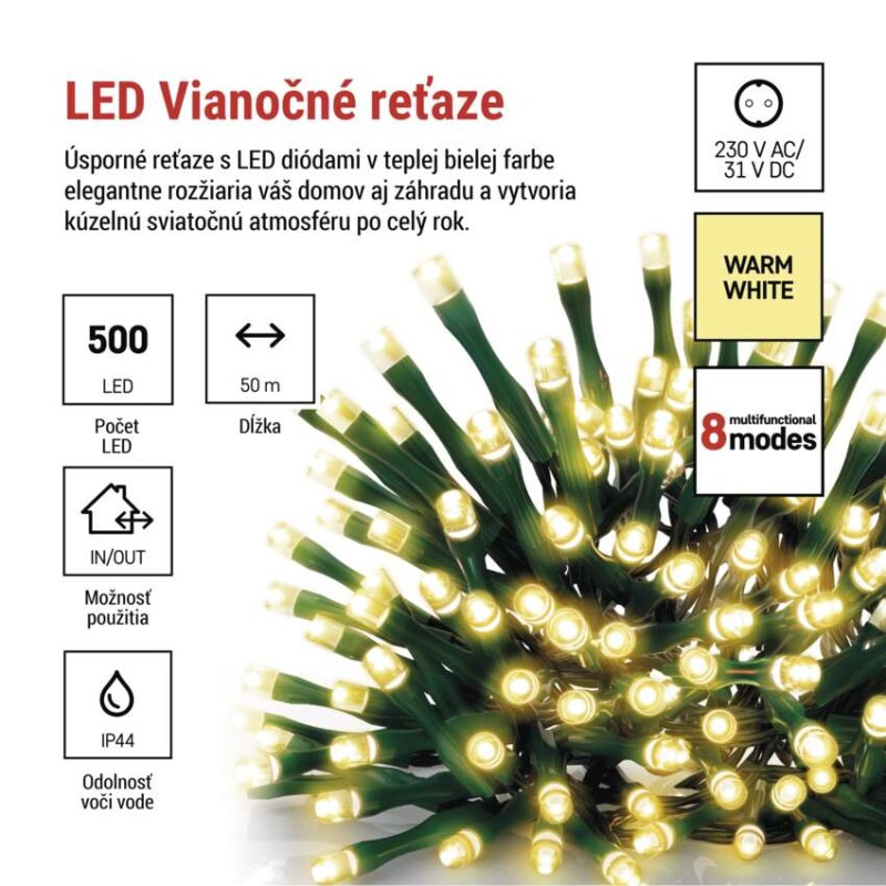 LED vianočná reťaz, 50 m, vonkajšia aj vnútorná, teplá biela, programy, časovač
