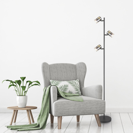 Stojanové svietidlo, kov čierny matný, dymové sklo s prechodom do priehľadného skla, kov mosadz, káb 1