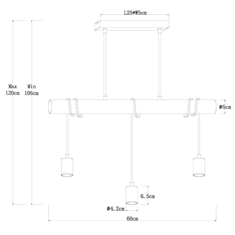 Závesné svietidlo, kov čierny, drevo, textilný kábel čierny, DxŠxV:600x50x1200mm, bez žiaroviek 3x E 8