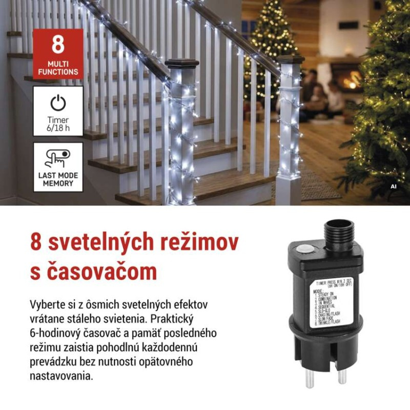 LED nano reťaz na cievke, strieborný, 14,4 m, studená biela, časovač 3