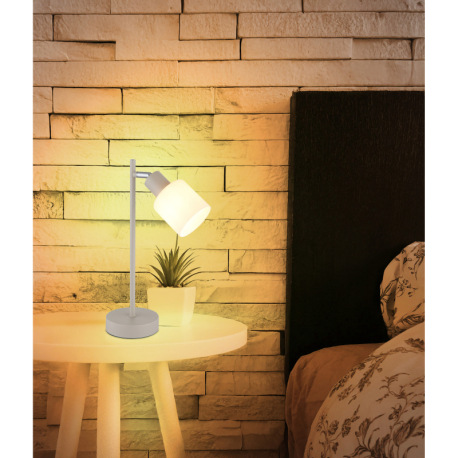 Stolná lampa, kov, piesková matná, kov chrómovaný, sklo biele, kábel PVC čierny, kolískový vypínač n 9