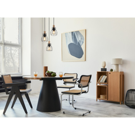 Závesné svietidlo, kov čierny, drevo tmavohnedé, kovové tyče čierne, textilný kábel čierny, výškovo 6