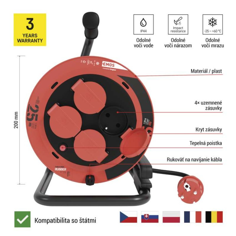 Vonkajší predlžovací kábel na bubne 25 m / 4 zásuvky / guma / 230 V / 1,0 mm2 / IP44 4