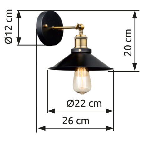 Nástenné svietidlo, kov čierny, stará mosadz, ŠxV:220x200, H:260, bez žiarovky 1xE27, max. 60W 230V. 4