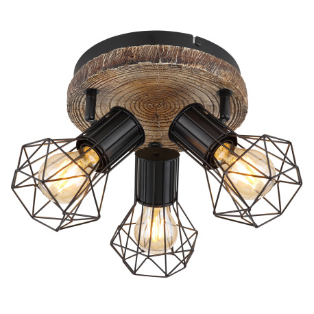 Stropné svietidlo, kov čierny, plast vzhľad dreva, kovová mriežka, ø: 300mm, V:300mm, bez žiaroviek
