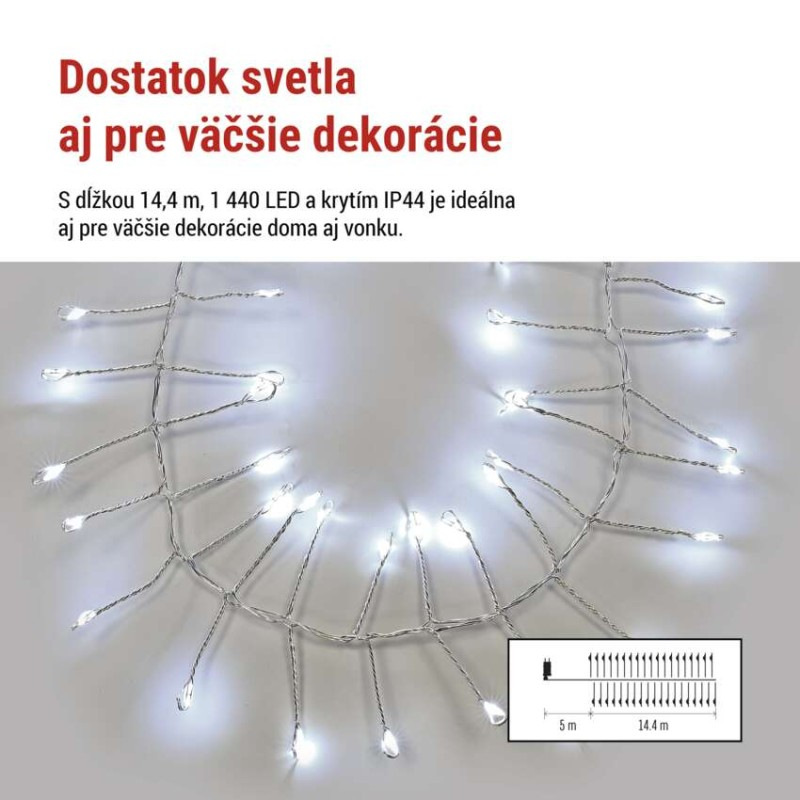 LED nano reťaz na cievke, strieborný, 14,4 m, studená biela, časovač 2