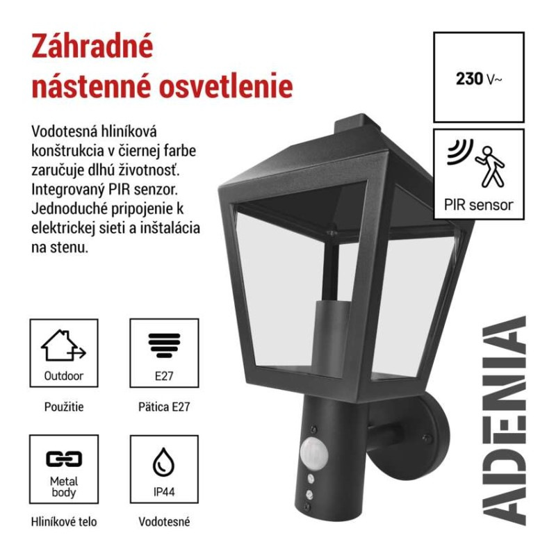 Záhradné nástenné svietidlo ADENIA, senzor súmraku, 19,8 x 15 x 29,8 cm, 1 x E27, 15 W 2