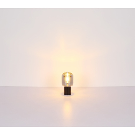 Stolná lampa kov mosadzná farba, dymové sklo, textilný kábel čierny, kolískový vypínač na kábli, ø: 5