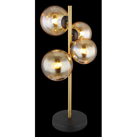 Stolová lampa, kov čierny, kov mosadz, sklo jantárové, s vypínačom na kábli, DxŠxV:240x190x480mm, dĺ 14