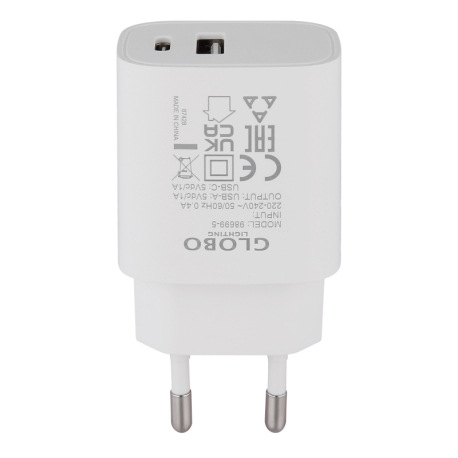 Matný biely plast, sieťová zástrčka 5W 5V DC/1A s výstupom USB A a USB-C, DxŠxV: 80x41x29mm 1