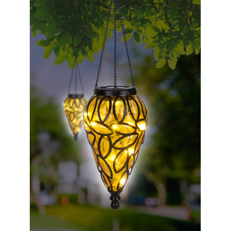 Solárne svietidlo, kov čierny, plast čierny, plast jantár, IP44, ozdobná kvapka na zavesenie, akumul 2