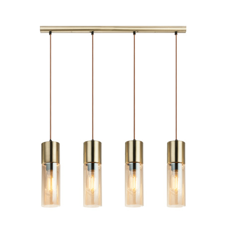 Závesné svietidlo, kov zlatý matný, sklo jantár, hnedý textilný kábel, DxŠxV:800x90x1560, bez žiarov 13