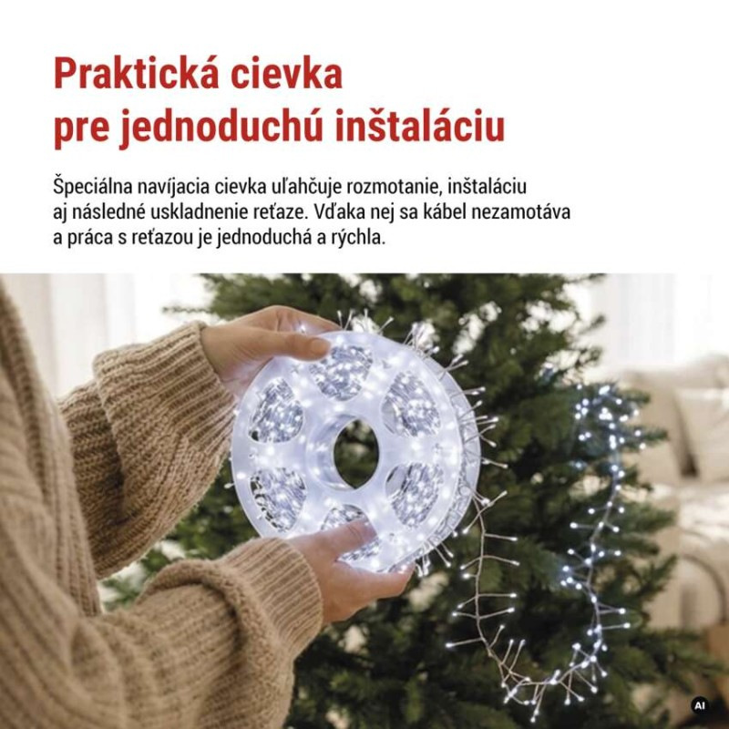 LED nano reťaz na cievke, strieborný, 14,4 m, studená biela, časovač 5