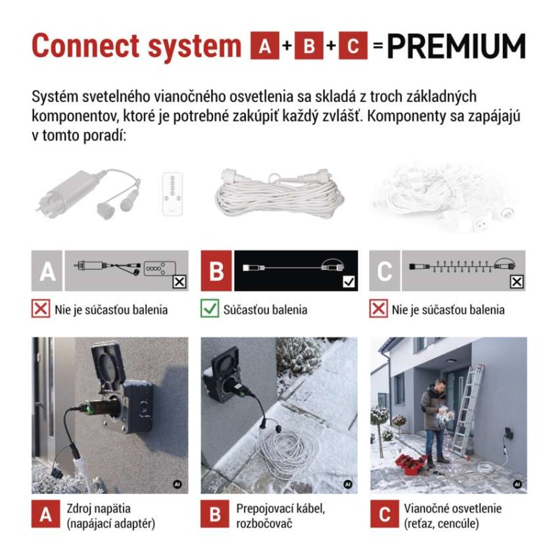 Predlžovací kábel pre spojovacie reťaze Premium biely, 10 m, vonkajší aj vnútorný 3