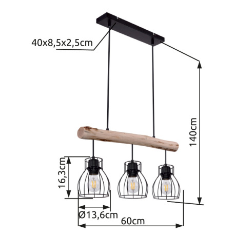 Závesné svietidlo, kov čierny, drevo, DxŠxV:600x136x1400, bez žiaroviek 3xE27, max. 40W 230V 10