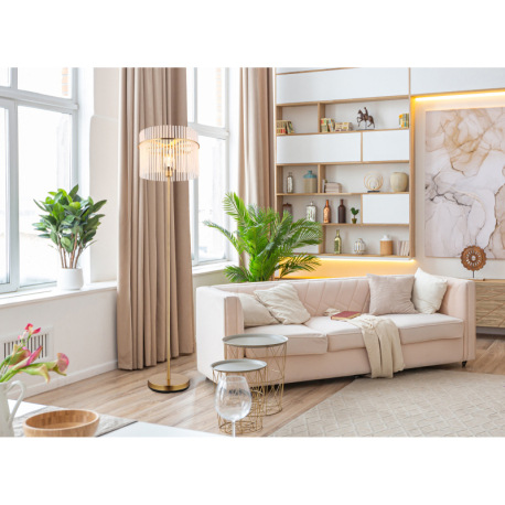 Stojanové svietidlo, kov zlatej farby, sklenené tyče biele, priehľadné, kábel PVC čierny, vyínač na 14