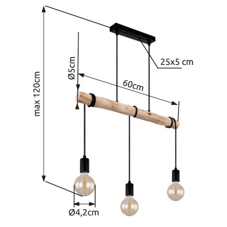 Závesné svietidlo, kov čierny, drevo, textilný kábel čierny, DxŠxV:600x50x1200mm, bez žiaroviek 3x E 9