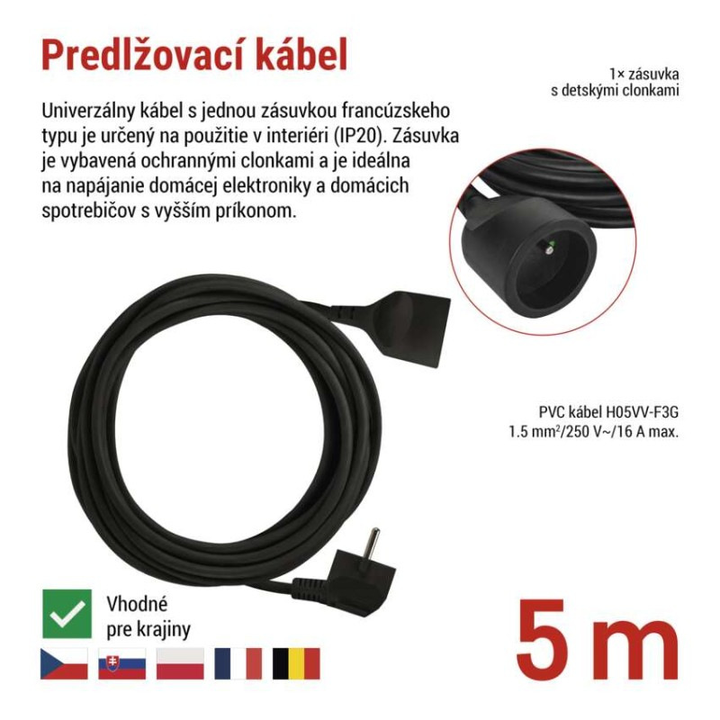 Predlžovací kábel 5 m / 1 zásuvka / čierny / PVC / 1,5 mm2 2