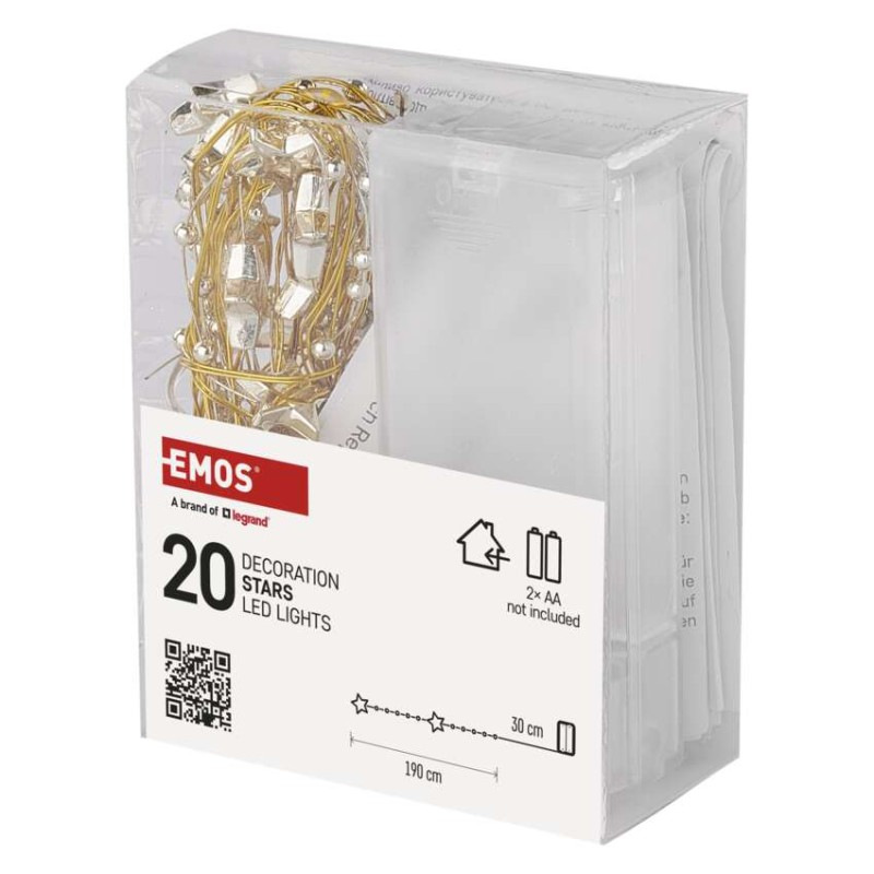 LED vianočná reťaz zlatá – hviezdičky, 1,9 m, 2x AA, vnútorný, teplá biela, časovač 1